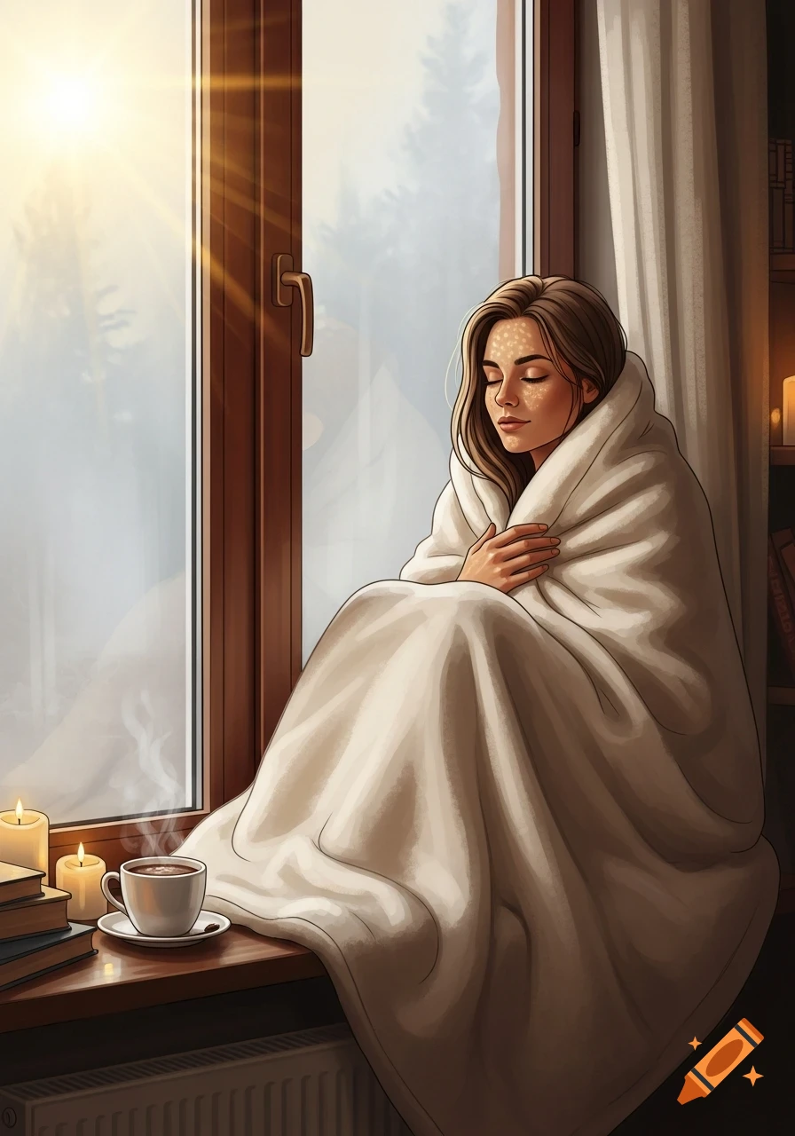 Illustrated woman wrapped in a blanket by a window, with sunlight, a steaming coffee cup, and candles on the sill.