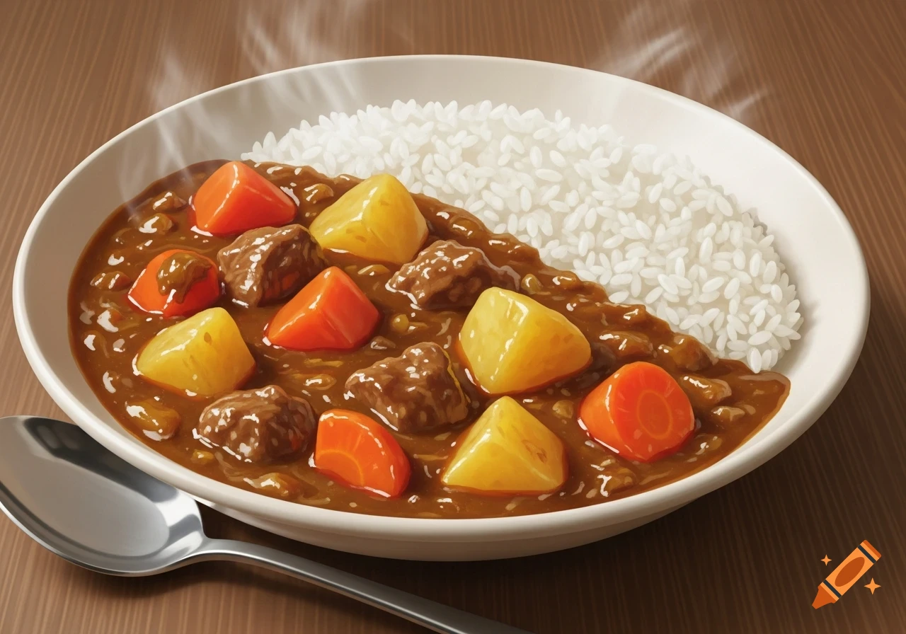 A close-up of a steaming bowl of Japanese curry with rice, carrots, potatoes, and meat, with a spoon on a wooden table.