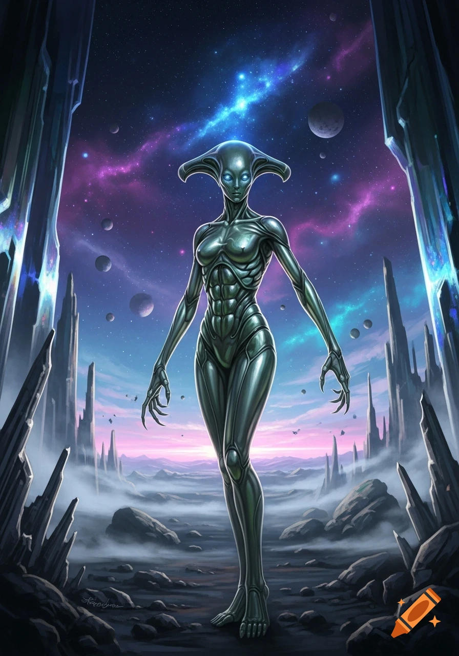 A sleek, metallic humanoid alien with glowing blue eyes stands on a misty alien planet under a vibrant galaxy.