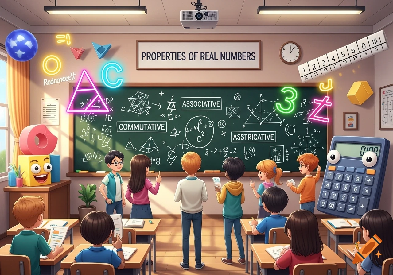 Children learning in an brightly lit math classroom with a blackboard covered in equations and glowing numeric symbols.
