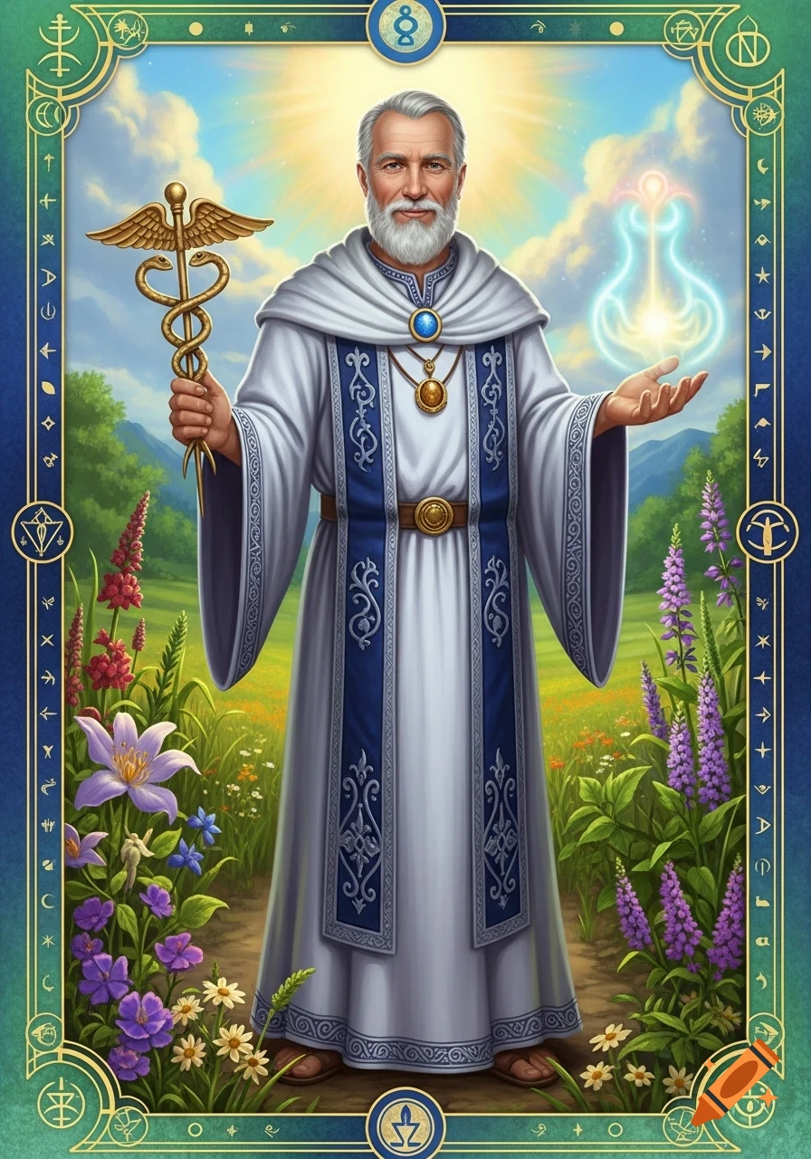 A white-bearded man in a white and blue robe, holding a golden caduceus and a glowing orb, stands in a lush field with flowers, within an ornate, mystical tarot card frame.