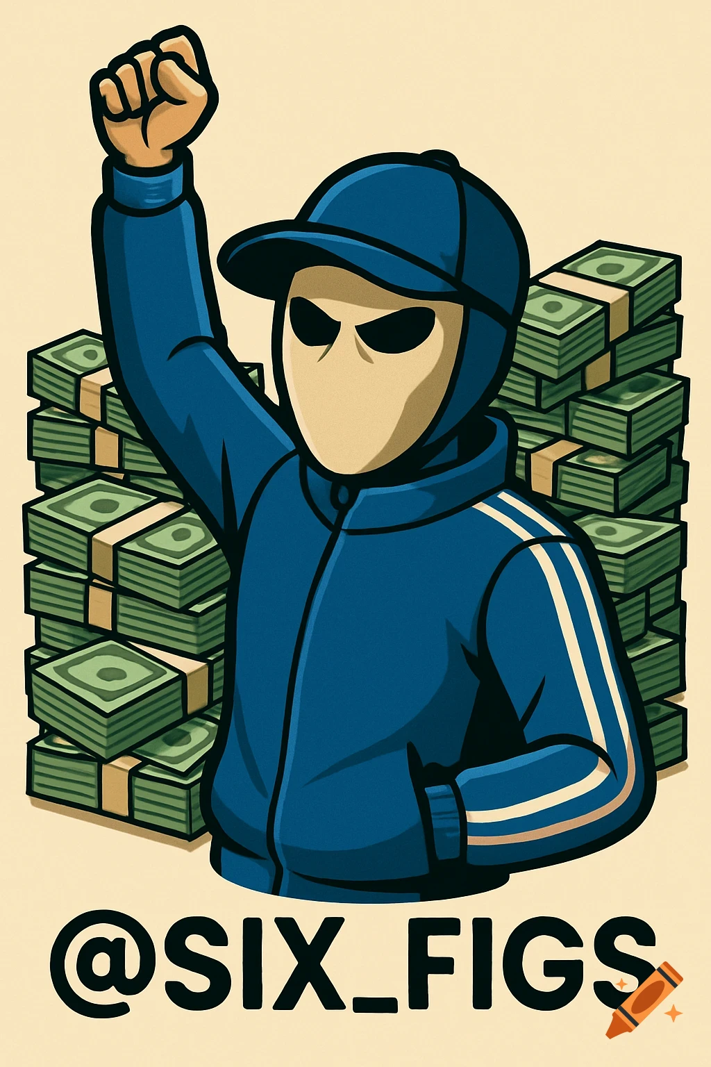 A stylized vector illustration of a masked character in a blue tracksuit and cap, raising a fist, surrounded by stacks of money. Text reads '@SIX_FIGS'.