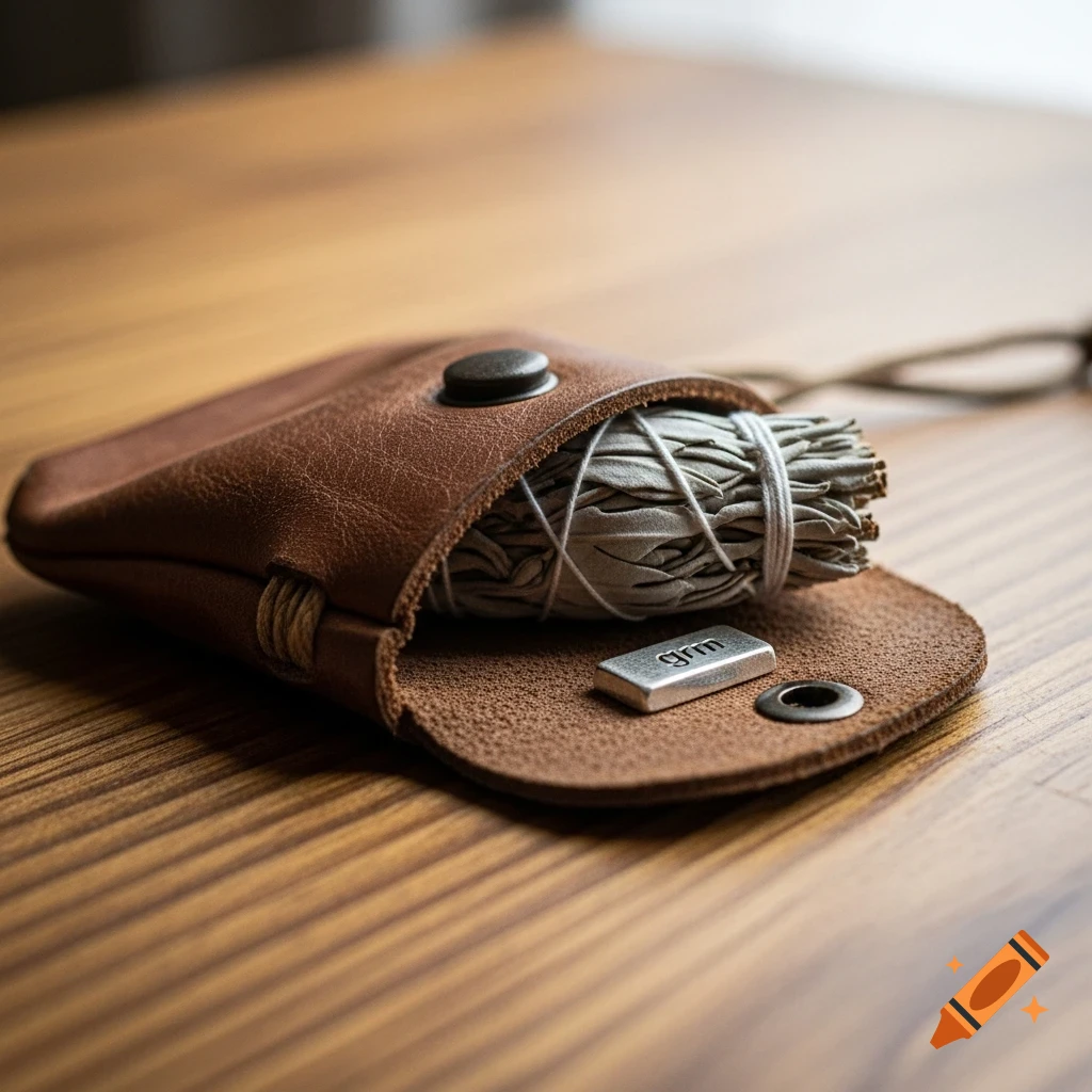 A rustic leather pouch lies open on a wooden surface, revealing a small silver bar and a bundled piece of dried sage. Photorealistic.