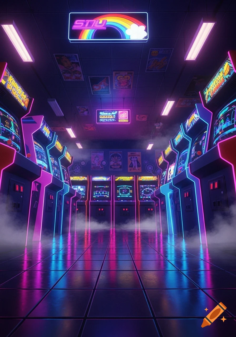A vibrant retro arcade room illuminated with neon pink and blue synthwave lighting, featuring rows of arcade machines and a misty floor with reflections.