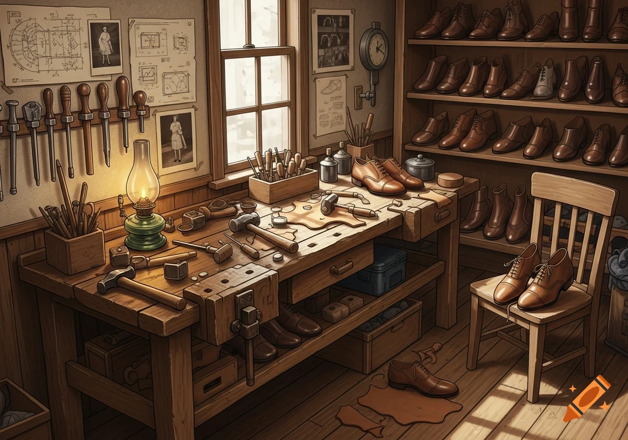 An old-fashioned shoemaker's workshop, filled with tools on a workbench, shelves of leather shoes, and technical drawings on the wall.