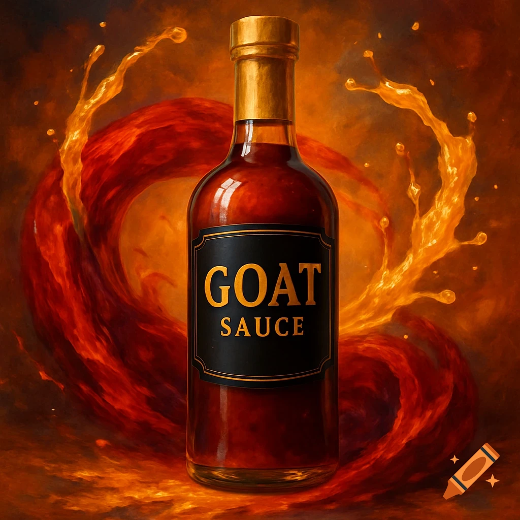 A photorealistic bottle of dark GOAT SAUCE with a gold cap, set against a fiery red and orange swirling background with liquid splashes.