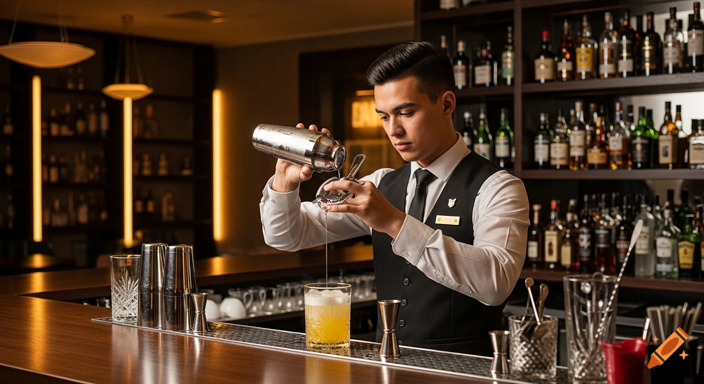 A photorealistic image of a male bartender pouring a cocktail from a shaker into a glass at an upscale bar with shelves of liquor bottles in the background.