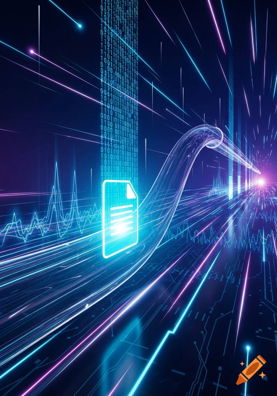 Glowing digital file icon transfers data through neon blue and purple light trails with binary code in a futuristic abstract space.