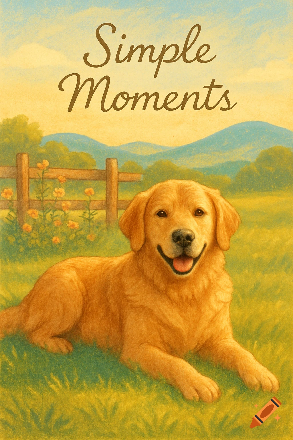 Illustration of a happy golden retriever dog lying in a green field ...