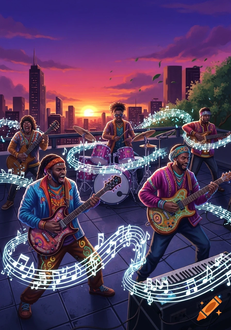 A vibrant illustration of a band playing instruments on a city rooftop at sunset, with glowing musical notes floating around them.