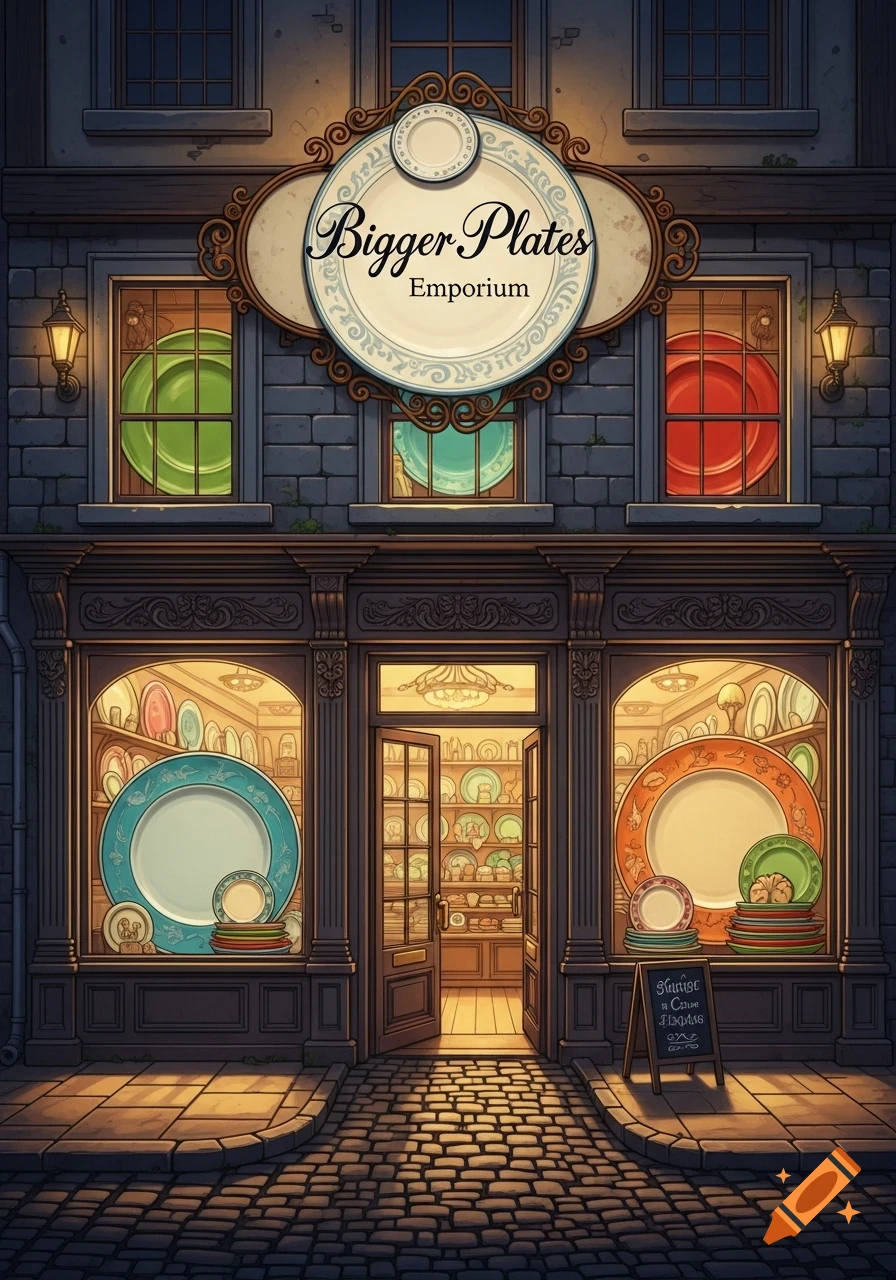 A colorful illustration of a quaint storefront named 'Bigger Plates Emporium' displaying various large, decorative plates in its windows.