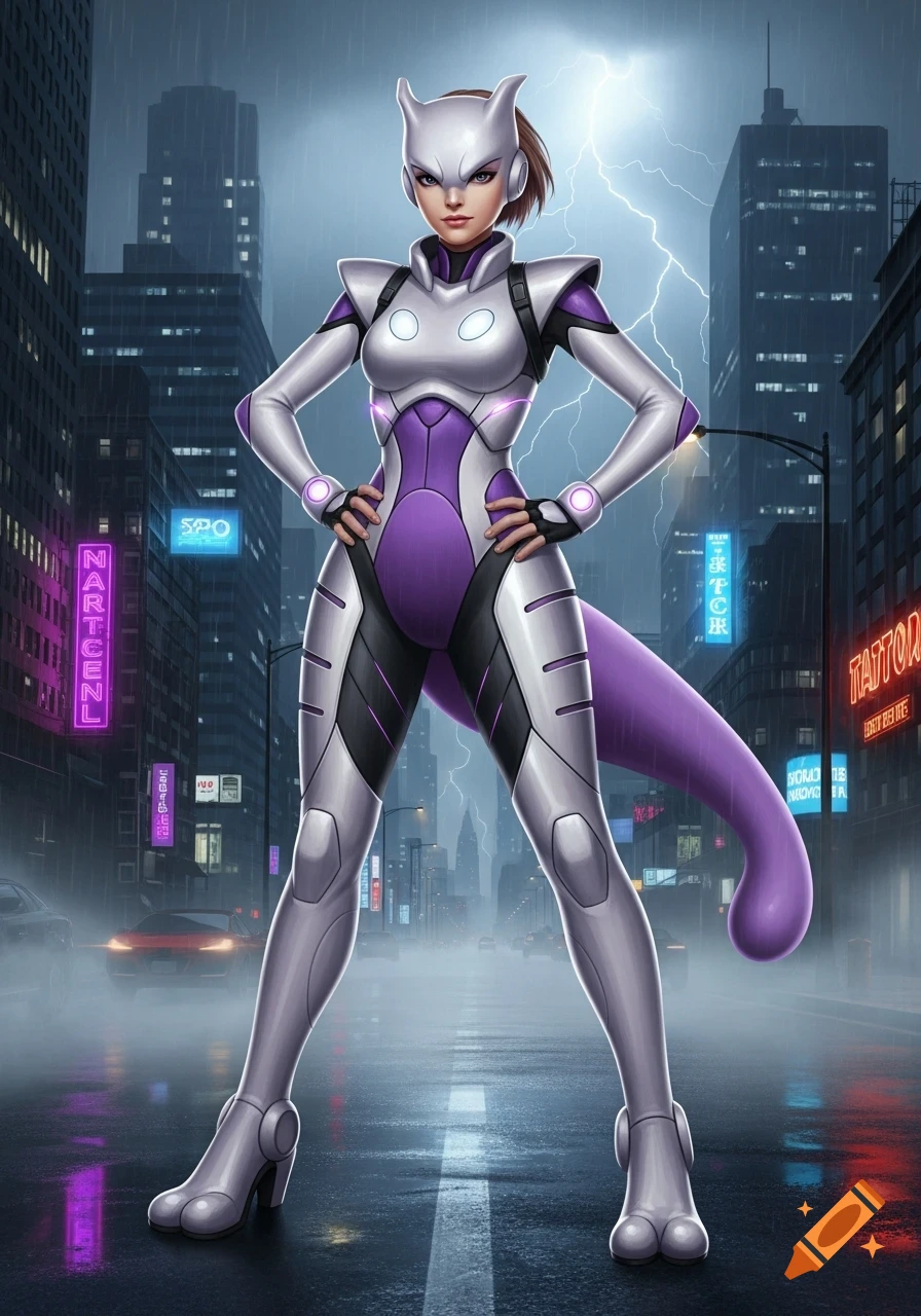 A female character in a sleek white and purple Mewtwo costume stands confidently in a rainy, futuristic city street, with neon signs.