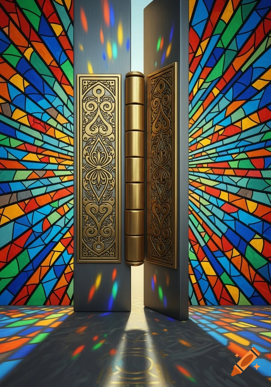 Ornate golden door hinges on a gray door, surrounded by a vibrant, radiating stained glass background with colorful light reflections on the floor.