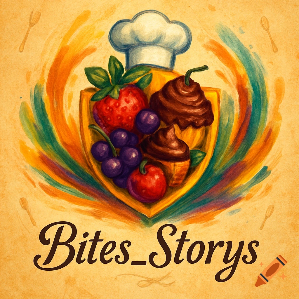 Watercolor illustration of a chef's hat, strawberry, grapes, apple, and cupcakes in a shield-like frame, with 'Bites_Storys' text below.