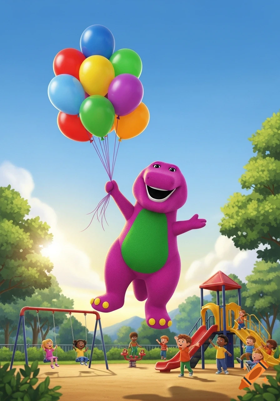 Cartoon Barney the dinosaur floats above a vibrant playground, holding colorful balloons as children play below.