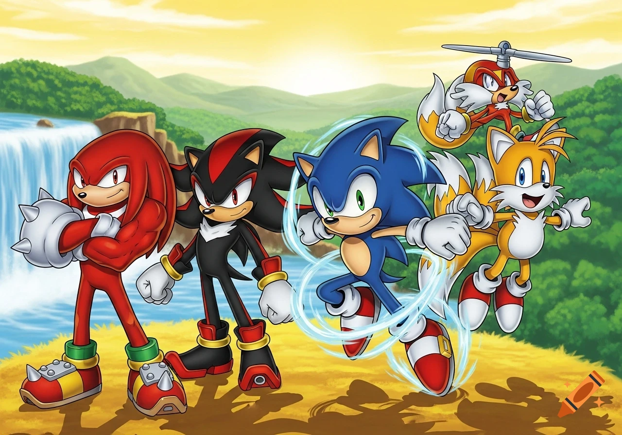 Knuckles, Shadow, Sonic, and Tails posed against a bright landscape with a waterfall and mountains.