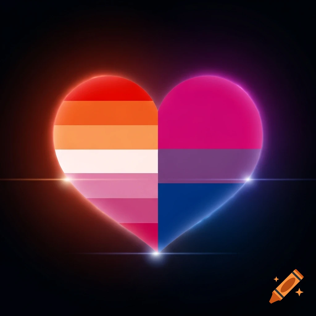 A glowing heart split down the middle with the lesbian pride flag on the left and the bisexual pride flag on the right.