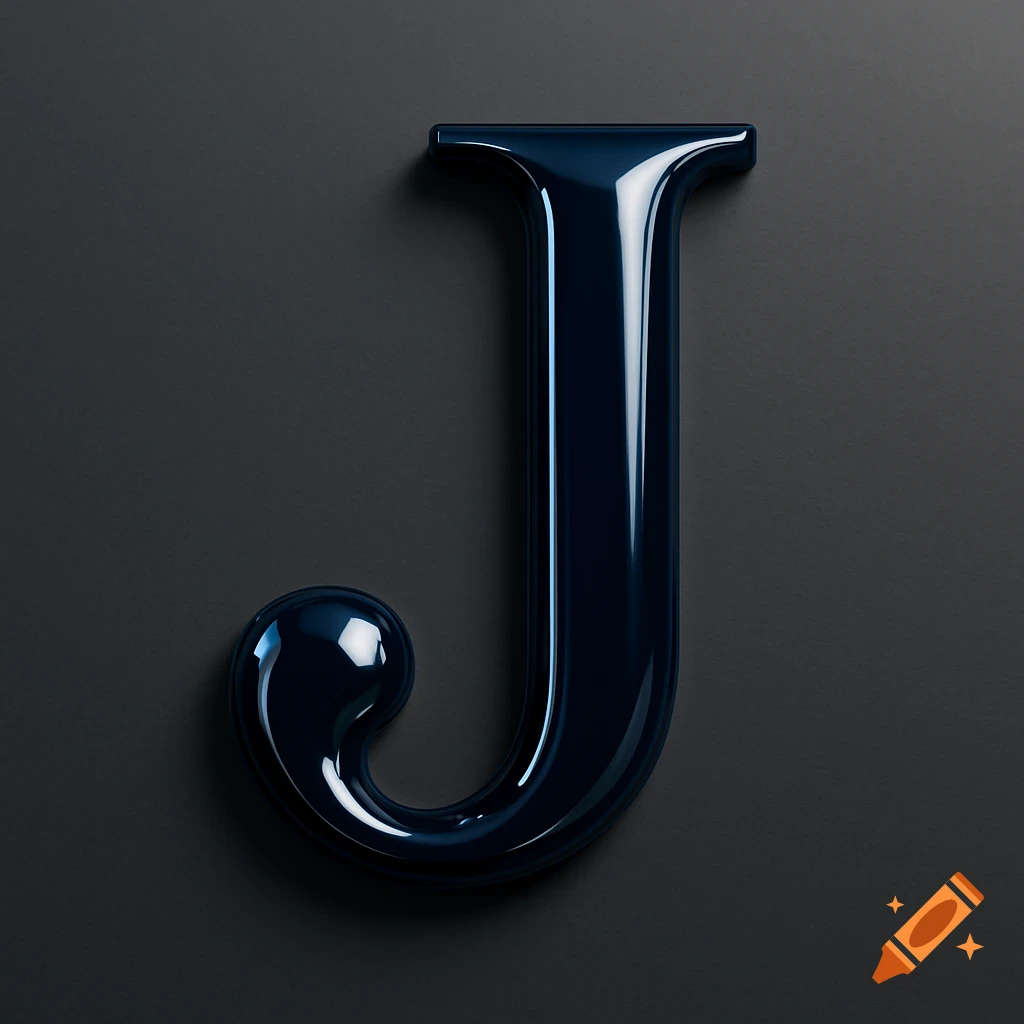 A shiny navy blue capital letter J with reflections, set against a dark grey background.
