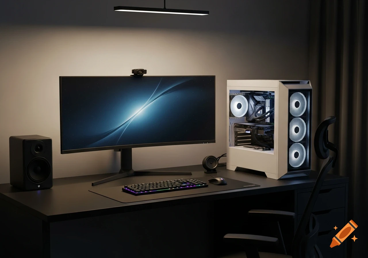 A modern gaming desk setup with a white PC, large curved monitor displaying an abstract blue design, keyboard, mouse, and speakers in a dimly lit room.