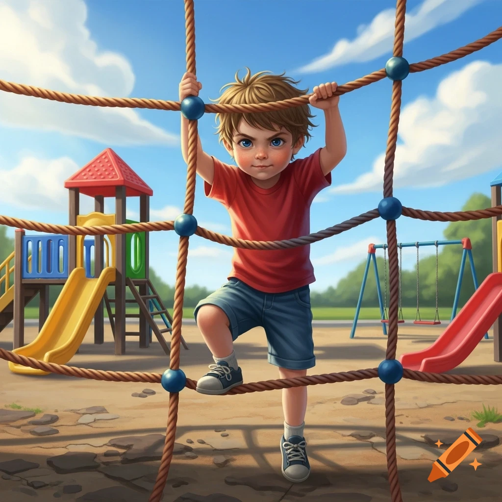 Illustrative image of a young boy climbing a rope frame on a sunny playground.