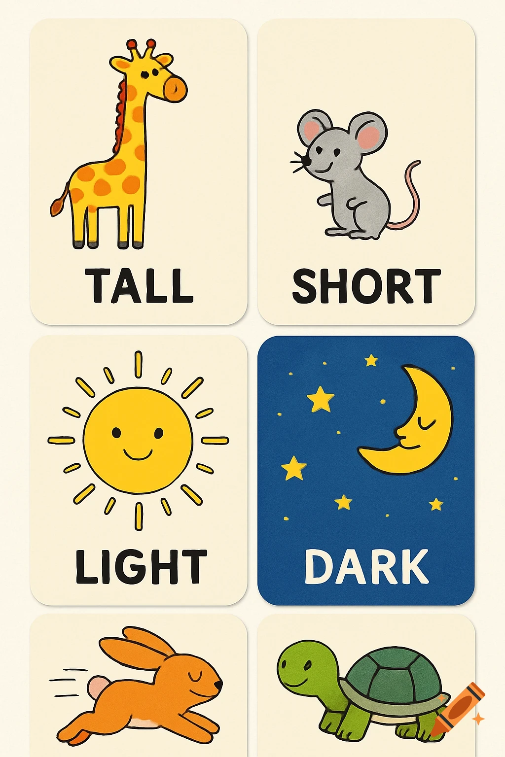 A grid of six cartoon flashcards. Top left: a giraffe and 'TALL'. Top right: a mouse and 'SHORT'. Middle left: a smiling sun and 'LIGHT'. Middle right: a crescent moon, stars, and 'DARK'. The bottom row shows a running rabbit and a turtle.