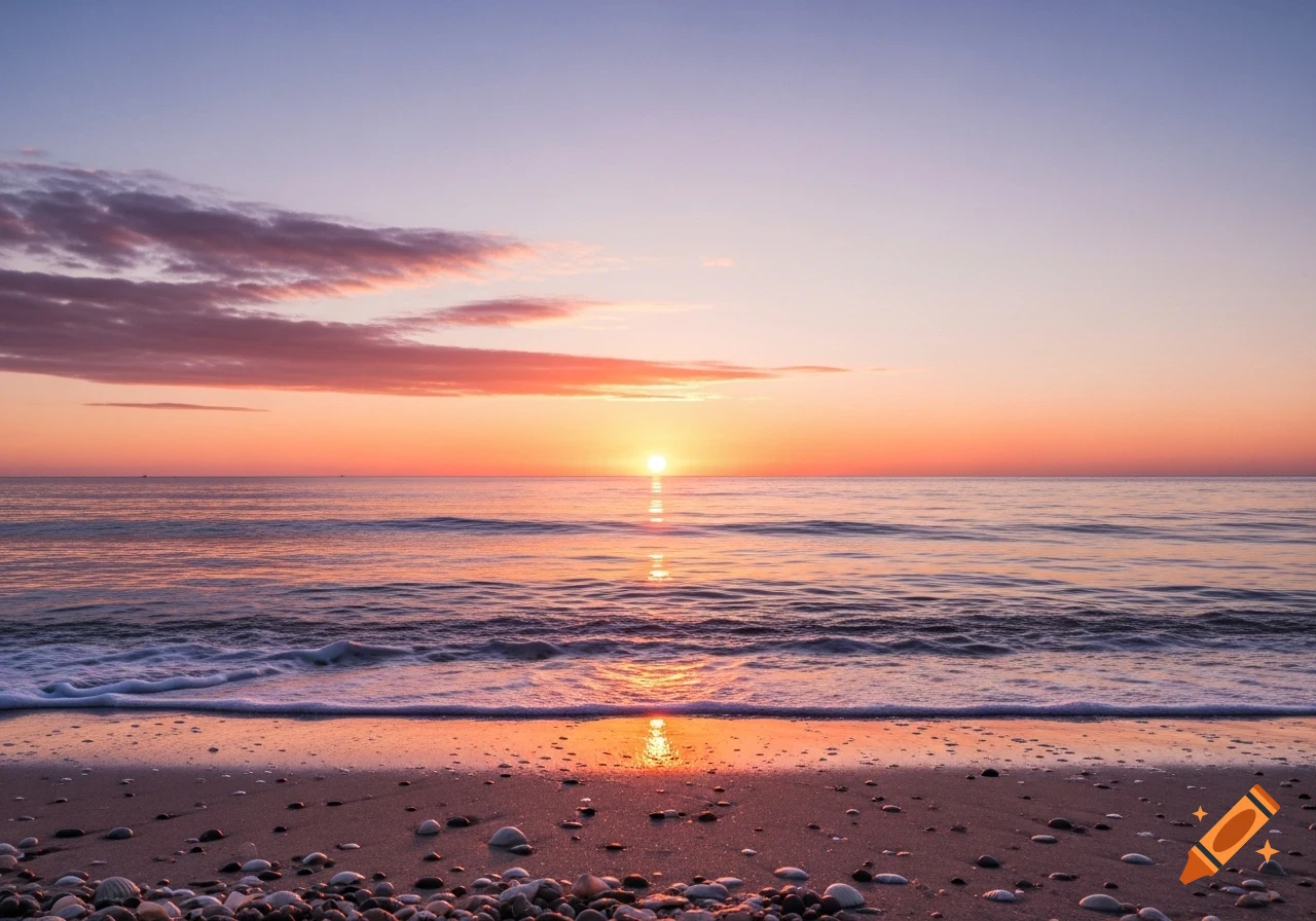 Vibrant sunrise over a sandy beach with gentle waves and scattered shells, reflecting on the water.