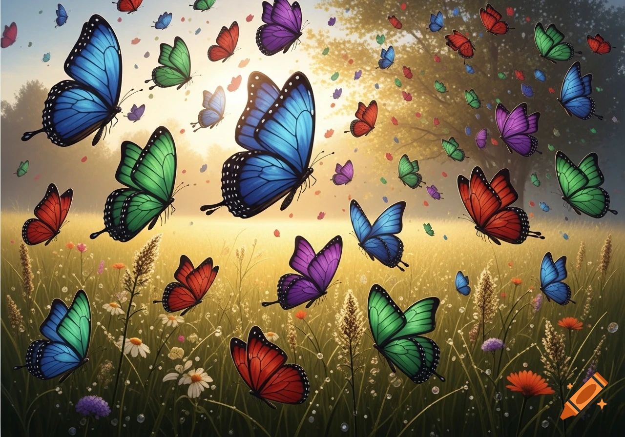 Many colorful butterflies, in shades of blue, green, red, and purple, flutter over a sunlit field filled with wildflowers, with a large tree in the distance.