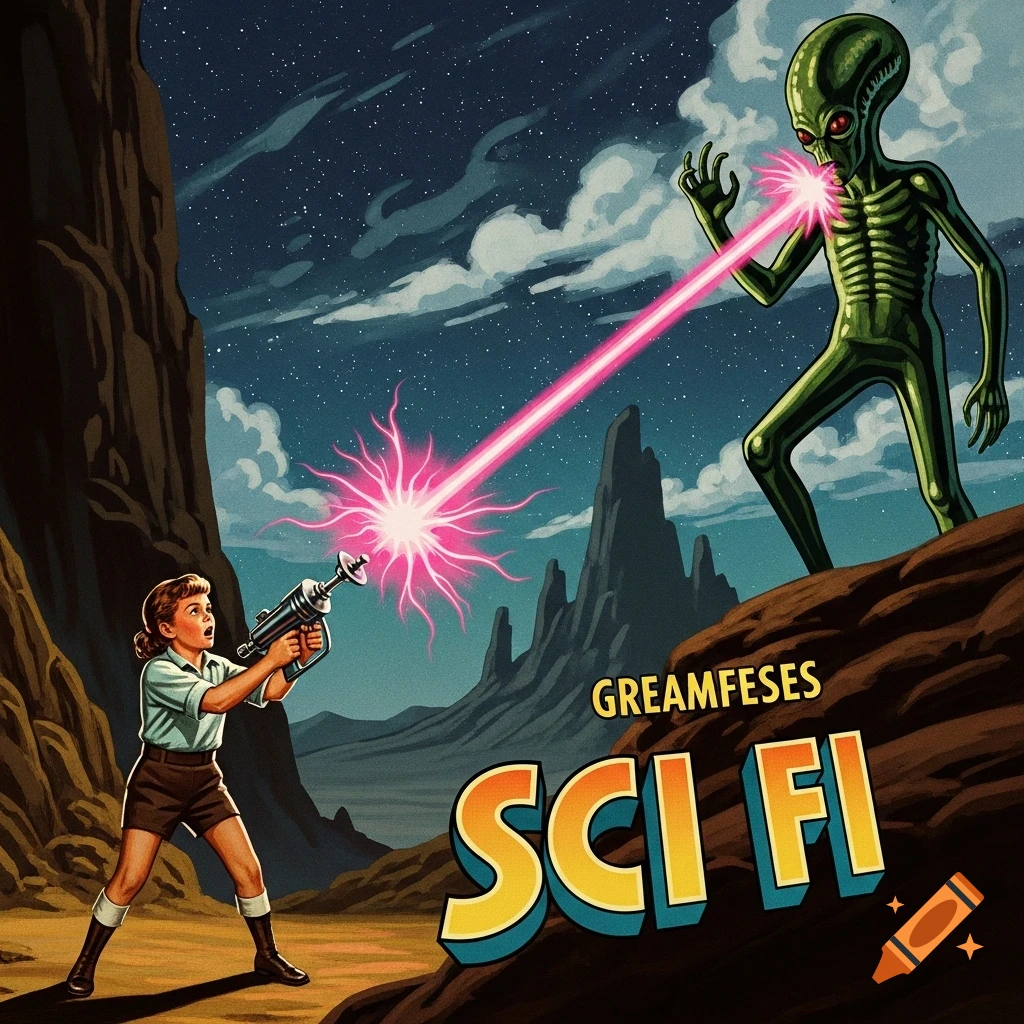 1950s sci-fi movie poster illustration of a child shooting a pink laser at a green alien on an alien planet.
