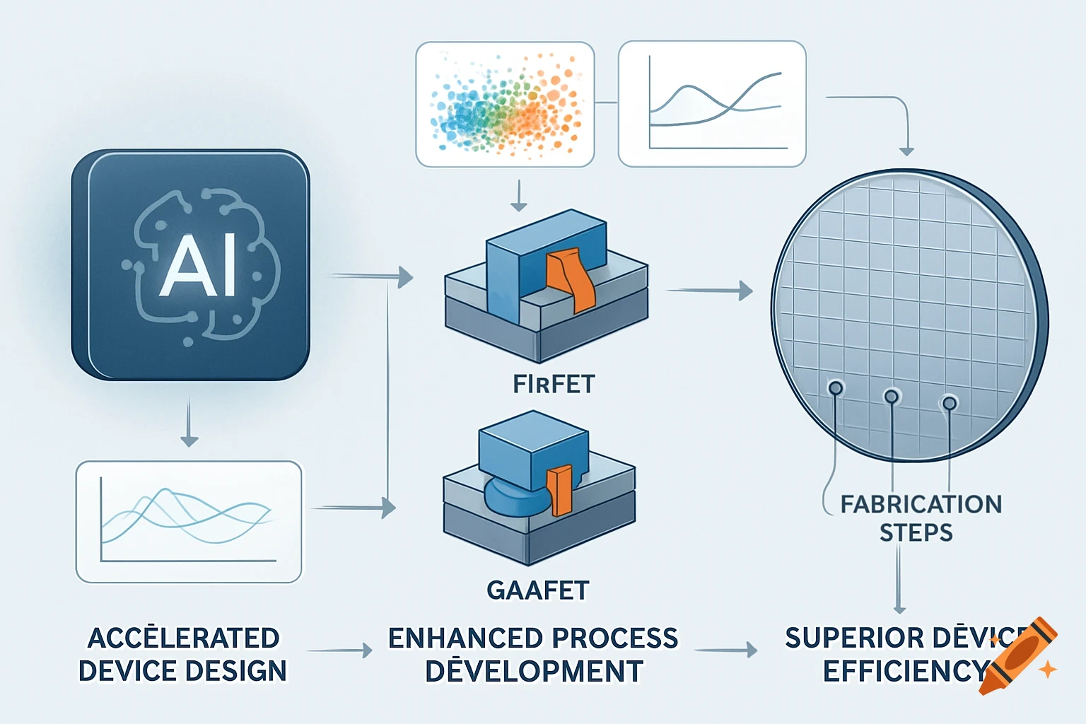 A scientific illustration shows an AI system assisting in semiconductor device design, leading to enhanced process development and superior device efficiency. It depicts AI icon, graphs, FinFET and GAAFET structures, fabrication steps, and a silicon wafer.