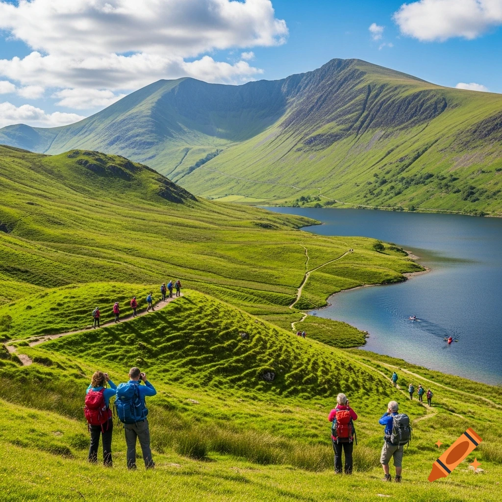 Photorealistic landscape of hikers on a green hillside overlooking a calm lake and mountains under a blue sky.