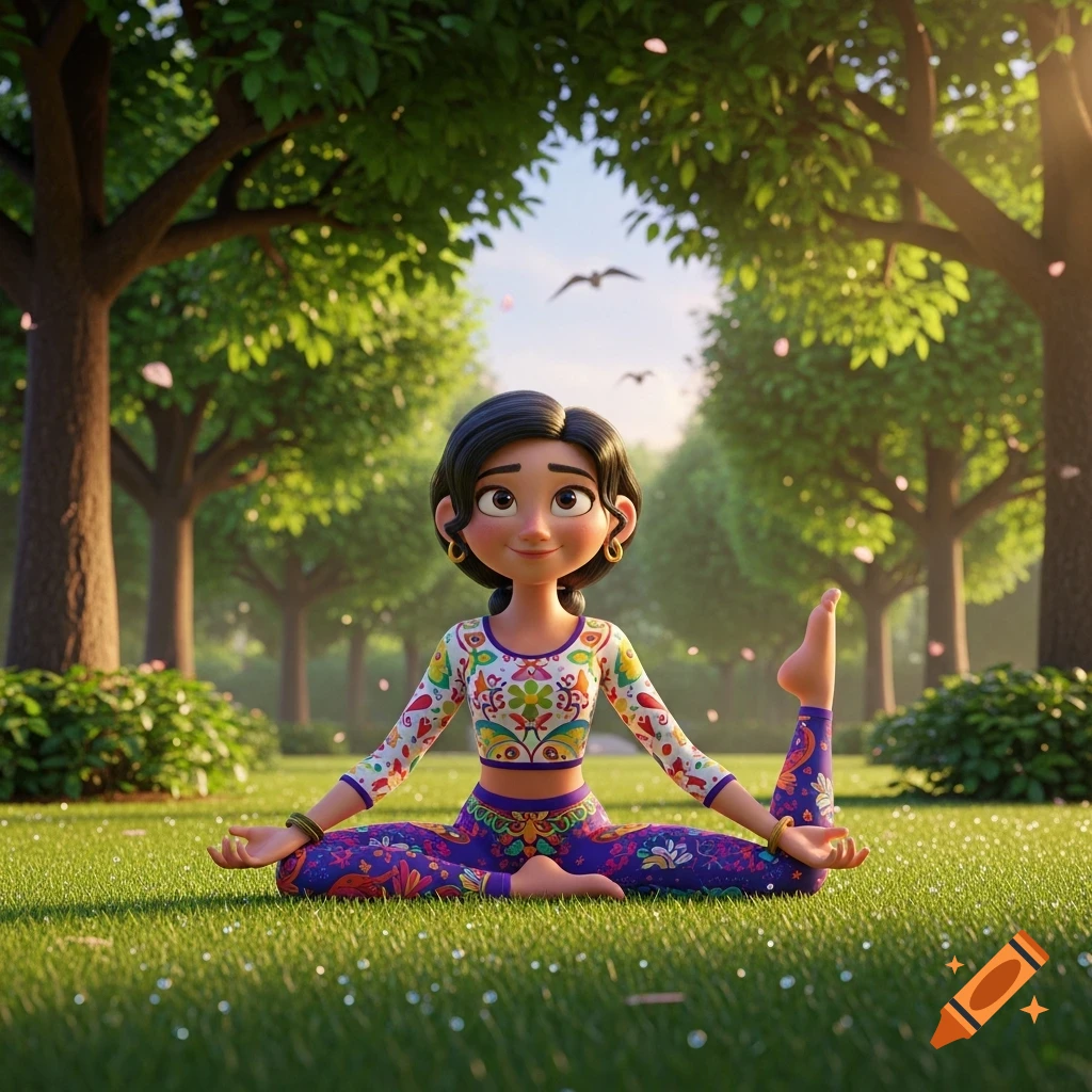 A smiling 3D animated woman with dark hair in a colorful yoga outfit practices a seated pose in a sunny park.
