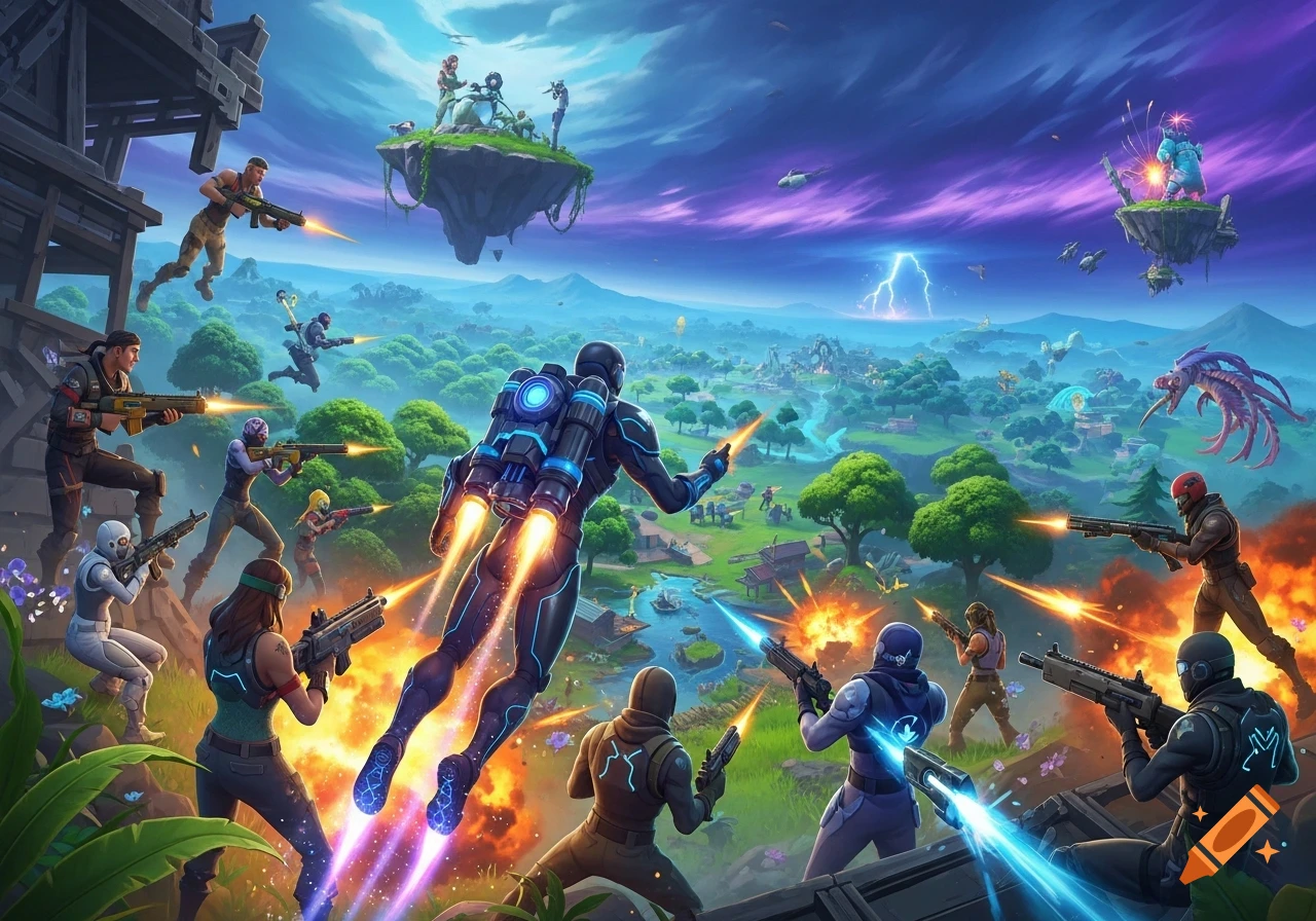A vibrant, stylized battle scene with multiple characters from a video game like Fortnite, shooting and flying across a colorful landscape with floating islands and a stormy sky.