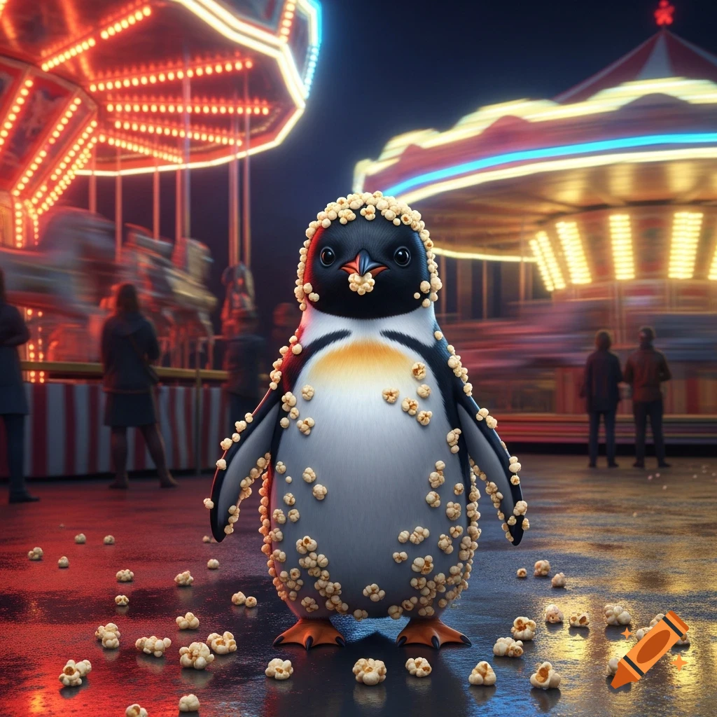 A cute penguin covered in popcorn stands on a wet ground at a brightly lit amusement park at night.