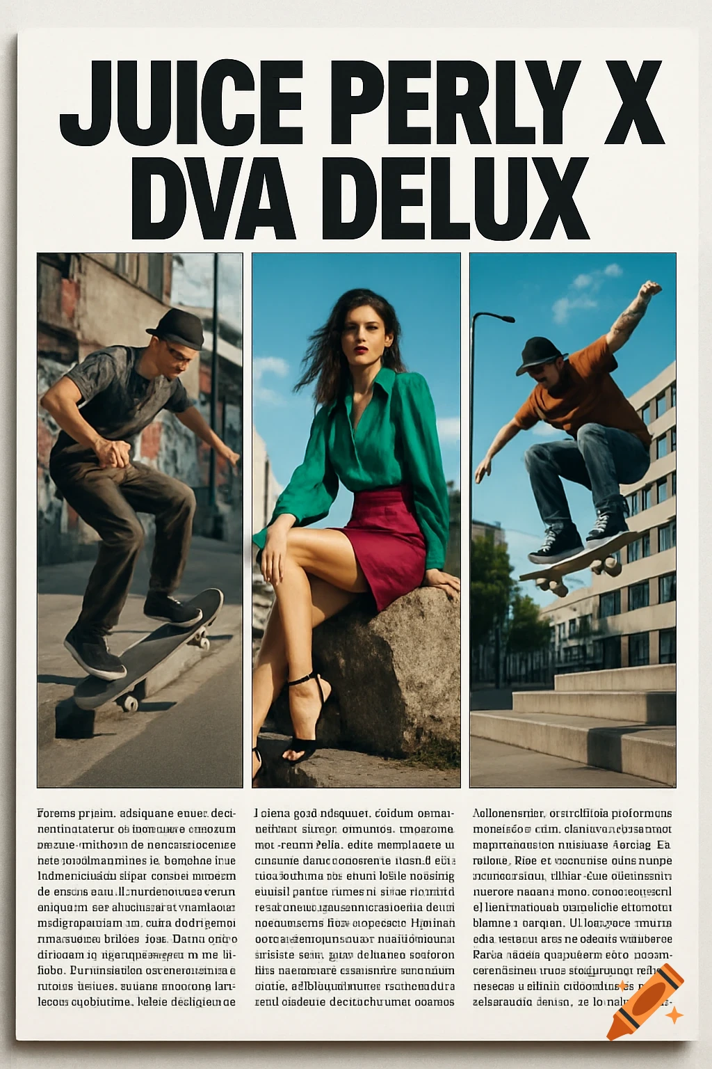 A modern magazine page with title "JUICE PERLY X DVA DELUX", featuring a skateboarder, a model, and another skateboarder, with fictional text.