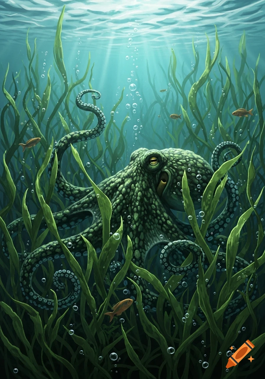 A dark green octopus blends into tall green seaweed underwater, with sun rays and small fish.