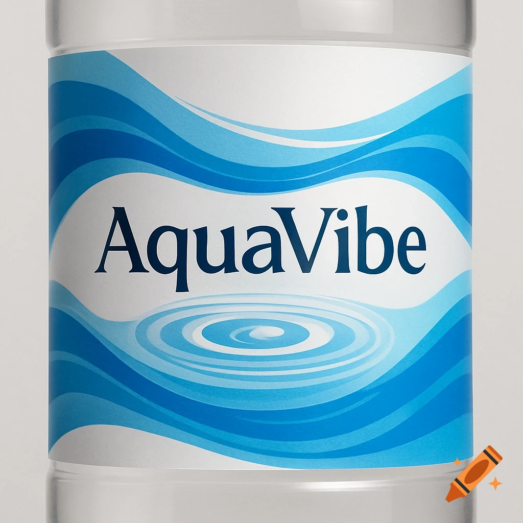 A close-up of a water bottle label with AquaVibe in dark blue text, surrounded by blue wavy lines and water ripples.