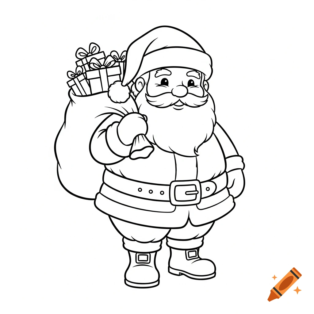 A simple black and white outline drawing of Santa Claus holding a sack of gifts, in a coloring page style.