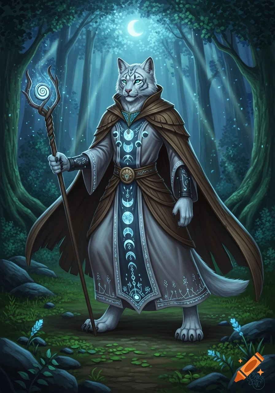 A white wolf-like humanoid caster in a brown cloak and elegant robe with moon symbols holds a magic staff in a moonlit forest.