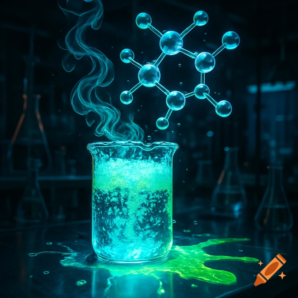 Glowing molecular diagram floats above a beaker with bubbling green liquid and smoke, spilling onto a dark laboratory surface.