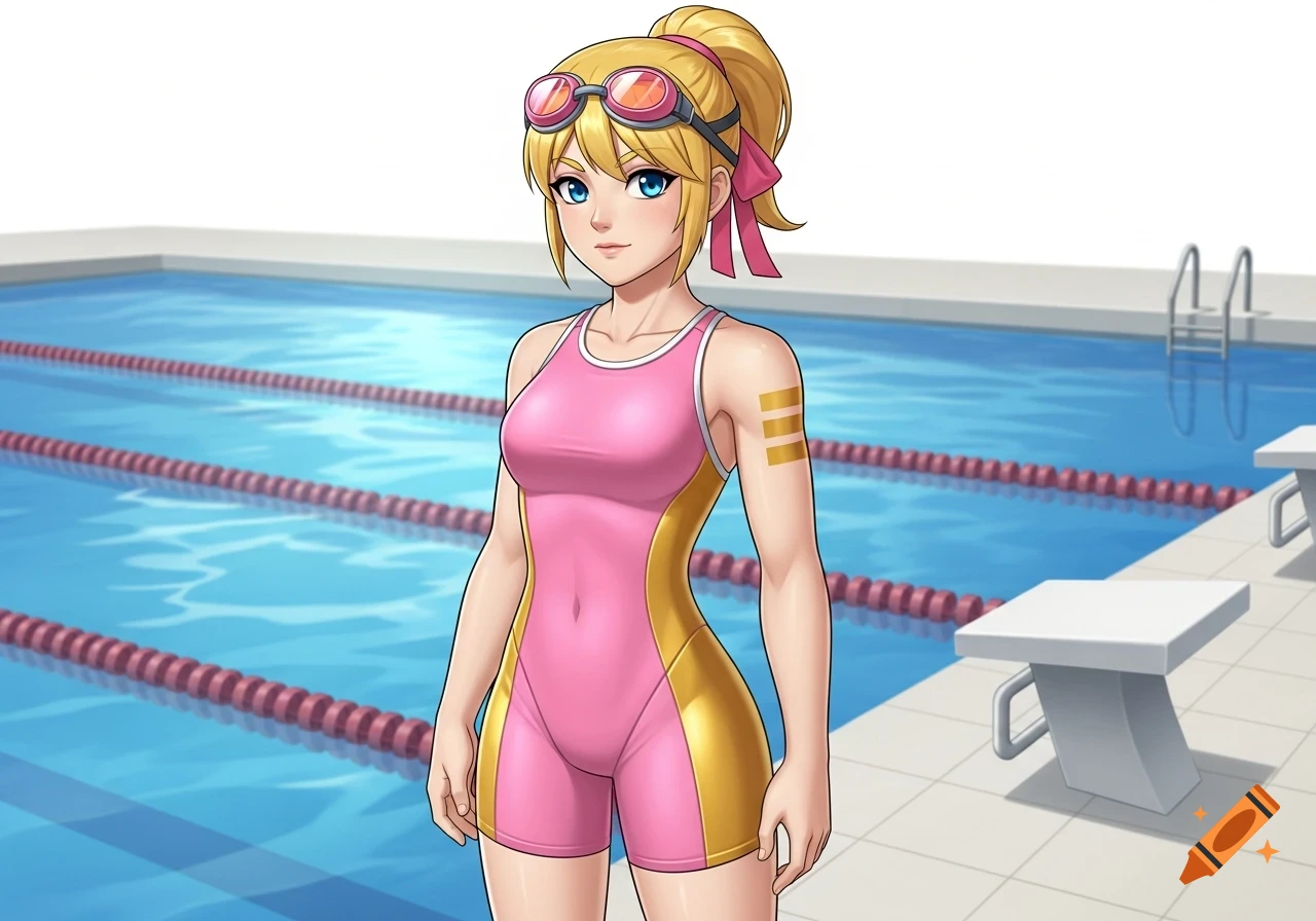 An anime girl with blonde hair and goggles stands poolside in a pink and gold racing swimsuit.