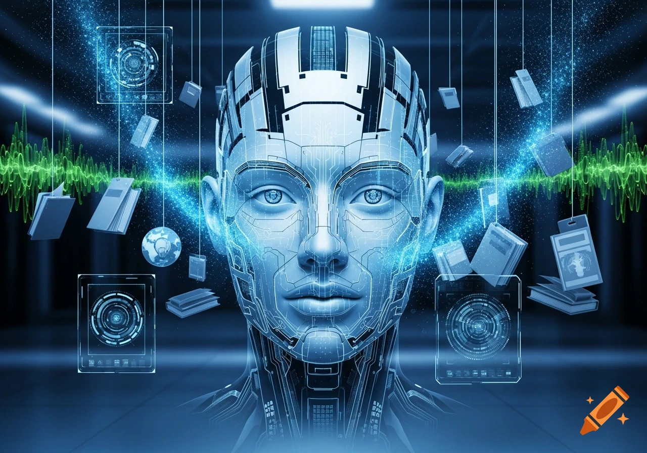 A close-up of a futuristic, blue-toned AI or robot head with circuit patterns, surrounded by glowing holographic data interfaces and floating digital elements.
