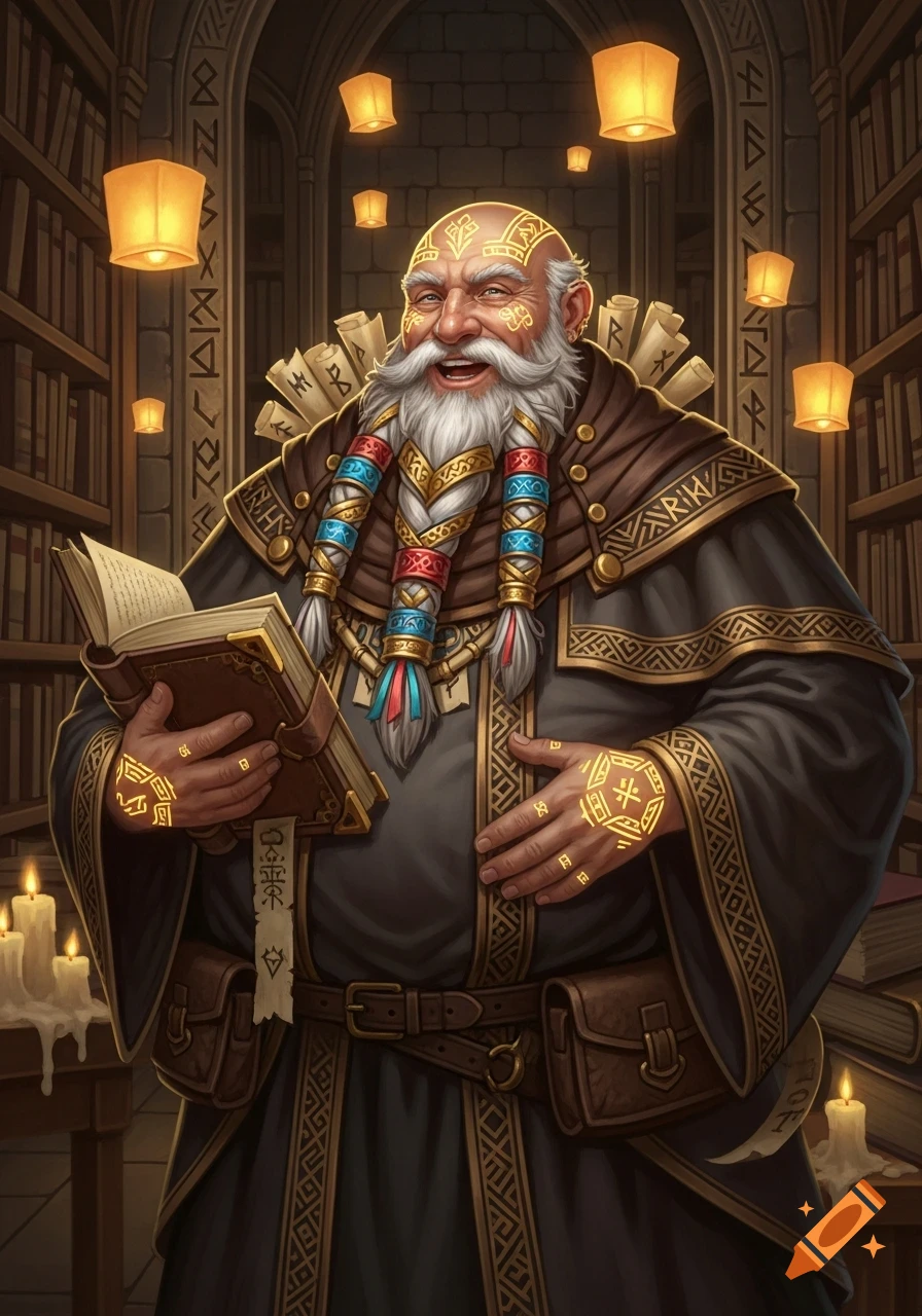 A jovial, bearded archivist with glowing runic tattoos holds a book in a grand magic academy library filled with floating lanterns and carved stone walls.