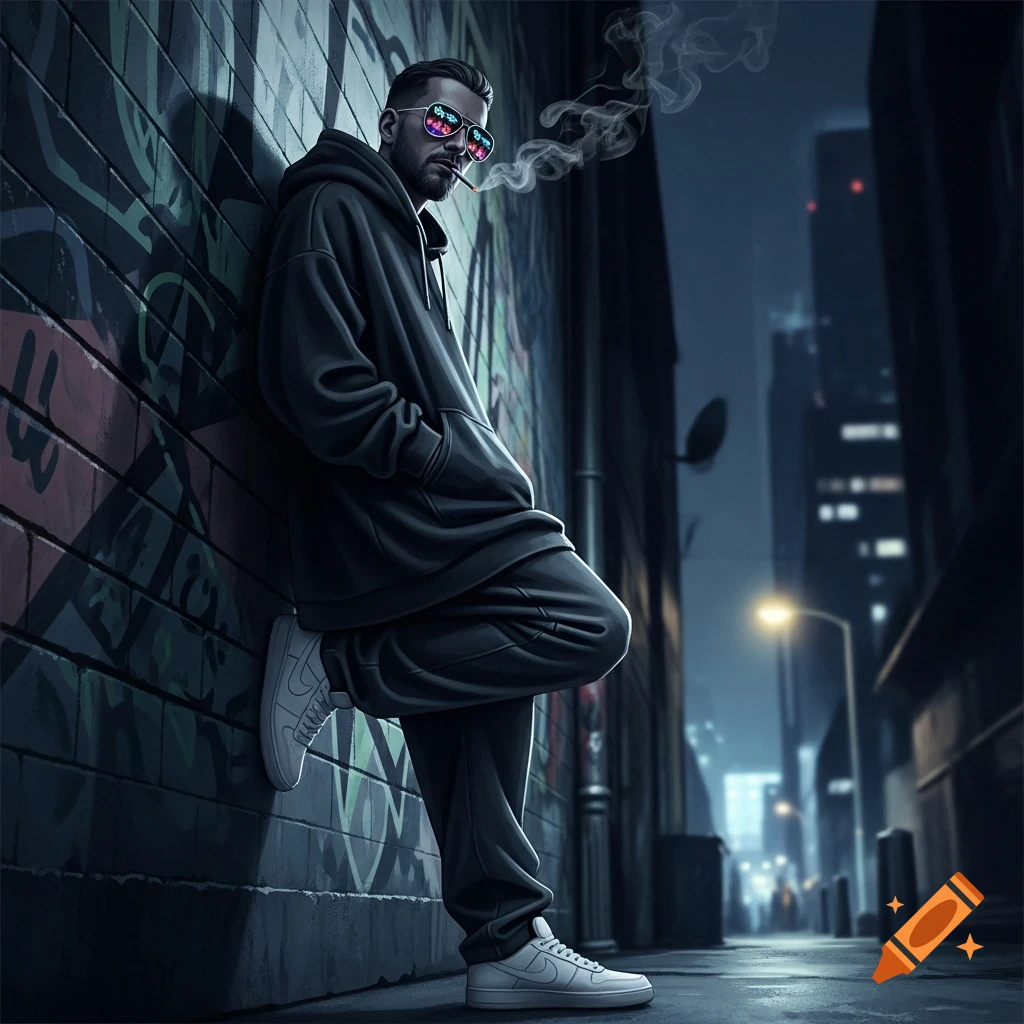 A man in a black hoodie and white shoes, wearing reflective sunglasses and smoking, leans against a graffiti-covered wall in a dark urban alley.