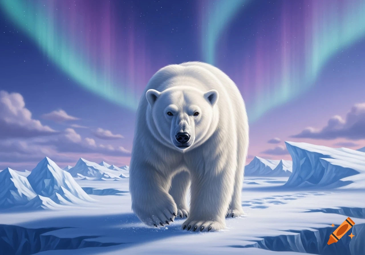 A majestic polar bear walks across an icy, snowy landscape under a vibrant aurora borealis sky with distant mountains.