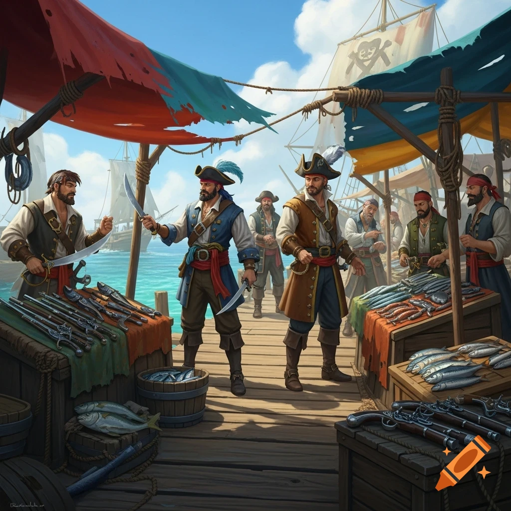 A vibrant illustration of a pirate market on a wooden dock, with pirates selling fish and weapons under awnings, ships in the background.