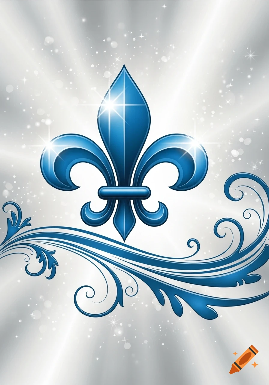A shiny blue fleur-de-lis with swirling decorative elements on a sparkling silver background.