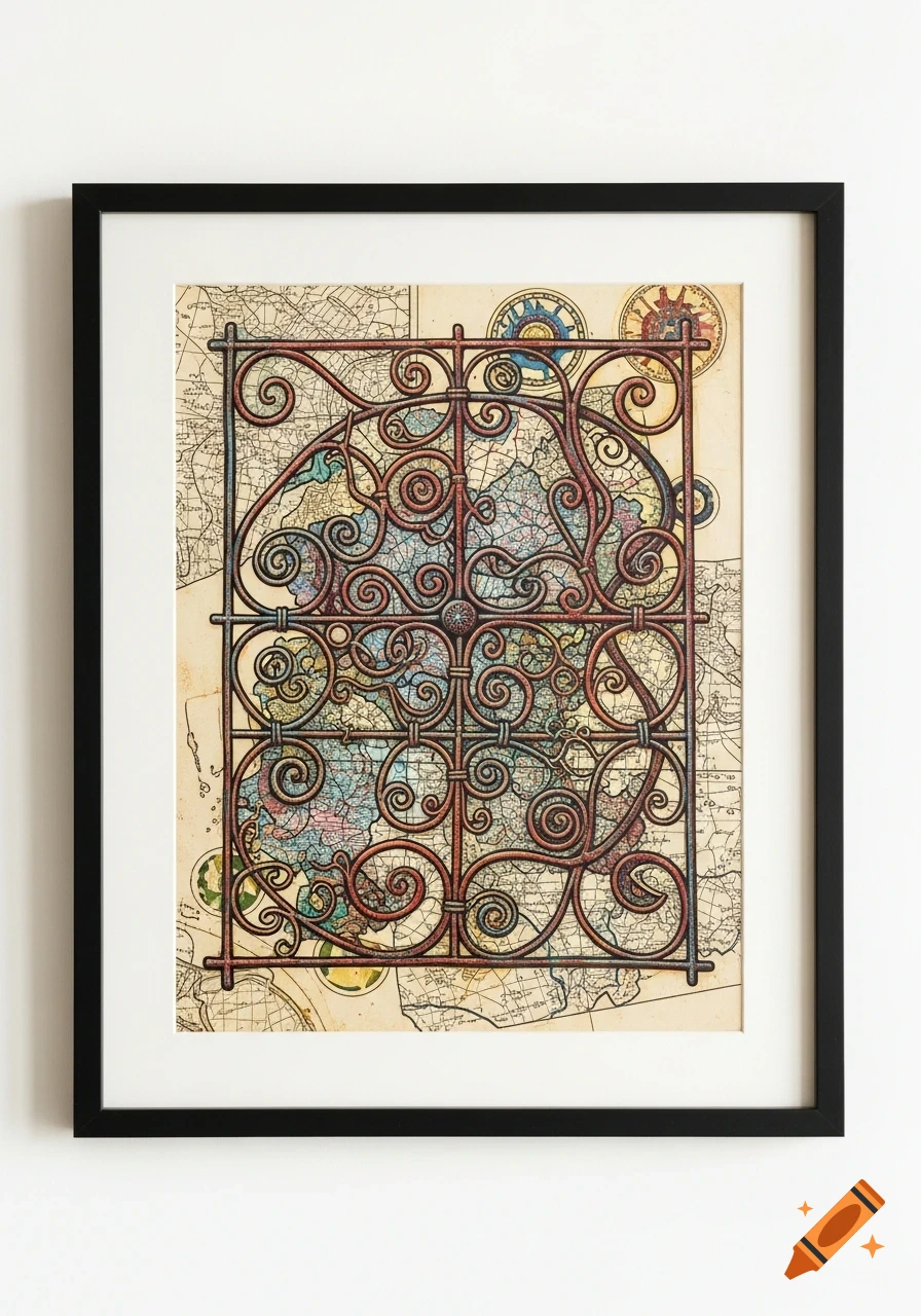 An ornate, rusty wrought iron gate design overlaid on a vintage, colorful world map, framed in black with a cream mat.