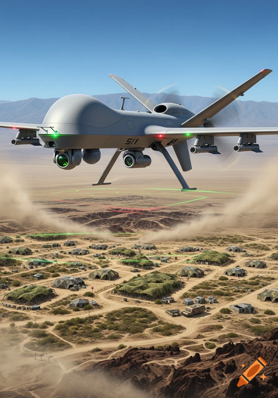 A photorealistic military drone with visible ID '511' flies over a desert military camp with tents and vehicles.