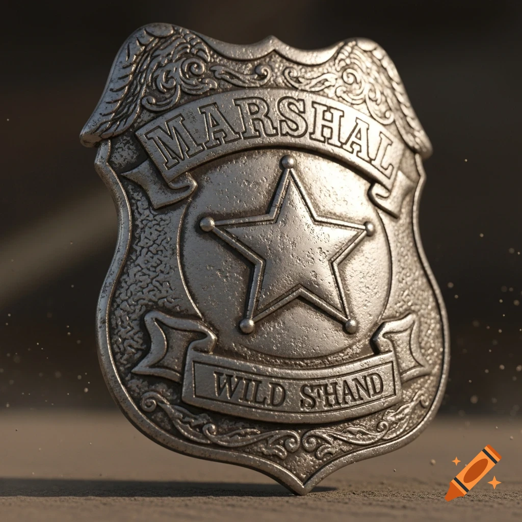 A detailed, tarnished silver marshall's badge featuring a central star and the words "MARSHAL" and "WILD STHAND".