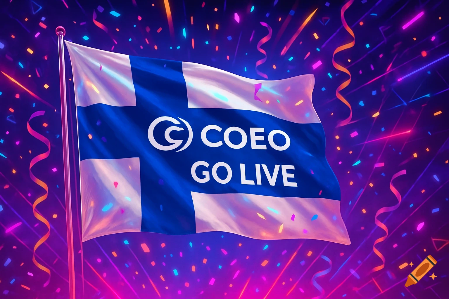 A waving Finnish flag with 'COEO GO LIVE' text and a logo, surrounded by colorful confetti and vibrant light trails against a dark, celebratory background.